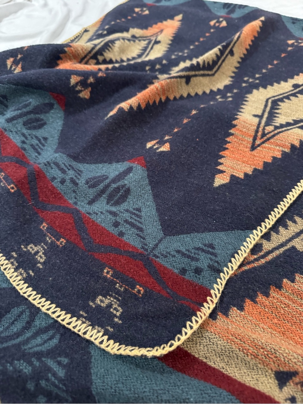 Southwestern Hooded Blanket Poncho Cape Geometric Diamond Navy Orange 52x60